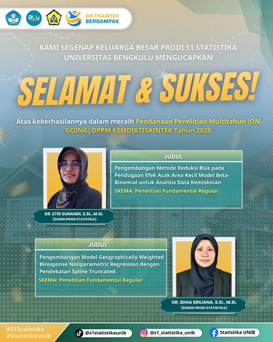 Two Lecturers from the Statistics Program of the University of Bengkulu Receive Multi-Year Research Funding (On-Going) for 2026/ Dua Dosen Prodi Statistika Universitas Bengkulu Meraih Pendanaan Penelitian Multitahun (On Going) Tahun 2026