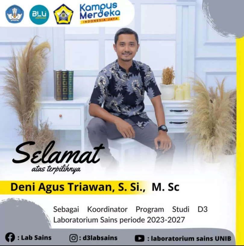 BAPAK DENI AGUS TRIAWAN, S.Si., M.Sc TERPILIH SEBAGAI KOORDINATOR PRODI D3 LABORATORIUM SAINS PERIODE 2023-2027