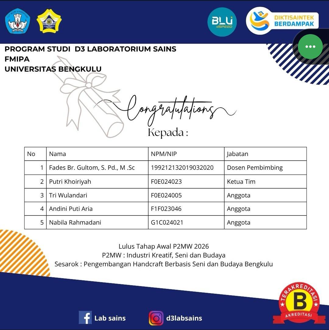 Keberhasilan Mahasiswa Program Studi D3 Laboratorium Sains FMIPA Universitas Bengkulu Keberhasilan Mahasiswa Program Studi D3 Laboratorium Sains FMIPA Universitas Bengkulu