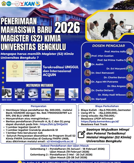 Program Studi Magister Kimia membuka kembali pendaftaran Jalur Umum Tahun Ajaran 2026/2027