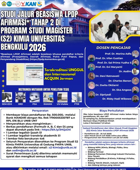 Peluang Emas! Studi S2 Kimia Universitas Bengkulu Jalur Beasiswa LPDP Afirmasi Tahap 2 Tahun 2026 Resmi Dibuka
