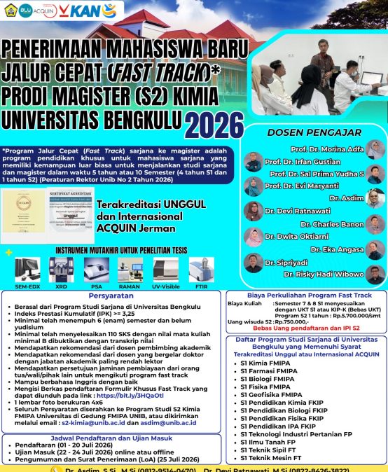 Kabar Gembira! Universitas Bengkulu Buka Pendaftaran Jalur Cepat (Fast Track) S2 Kimia Tahun 2026