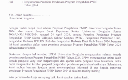 Selection Announcement of Community Services Project (Pengabdian Kepada Masyarakat) Grant for Non-Tax State Revenue (PNBP) at Universitas Bengkulu 2024