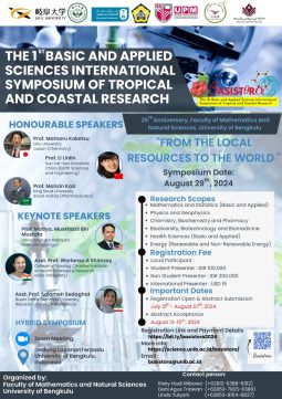 Students and lecturers of Biology department, FMIPA UNIB joined the 1st Basic and Applied Sciences International Symposium of Tropical and Coastal Research (BASISTORA) 2024 Faculty of Mathematics and Natural Sciences, University of Bengkulu, in Bengkulu, Indonesia, 29th August 2024.