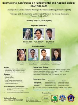 Students and lecturers of Biology department, FMIPA UNIB joined INTERNATIONAL CONFERENCE ON FUNDAMENTAL AND APPLIED BIOLOGY (ICOFAB), University of ANDALAS, in Padang, West Sumatra, Indonesia, 17th July 2024.