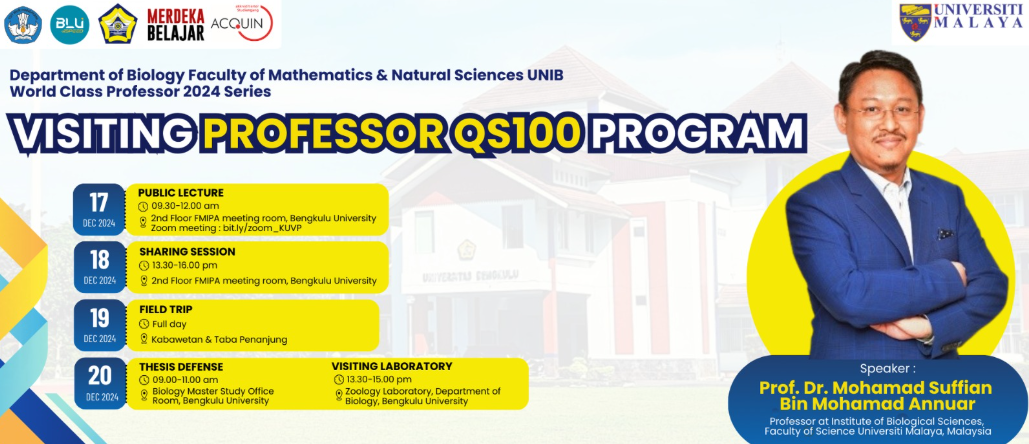 Biology Department, Faculty of Mathematics and Natural Sciences, University of Bengkulu Hosts the World Class Professor Program From Institute of Biological Sciences, Faculty of Science, Universiti Malaya Biology Department, Faculty of Mathematics and Natural Sciences, University of Bengkulu Hosts the World Class Professor Program From Institute of Biological Sciences, Faculty of Science, Universiti Malaya