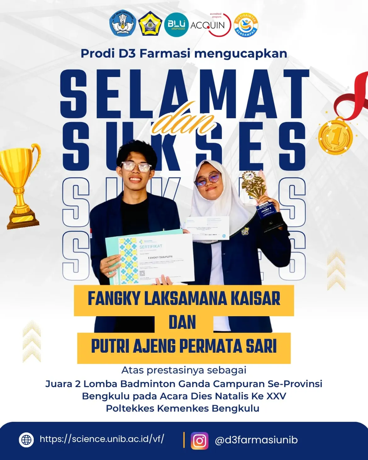 Prestasi Gemilang Mahasiswa D3 Farmasi UNIB, Raih Juara Badminton Ganda Campuran se-Provinsi Bengkulu