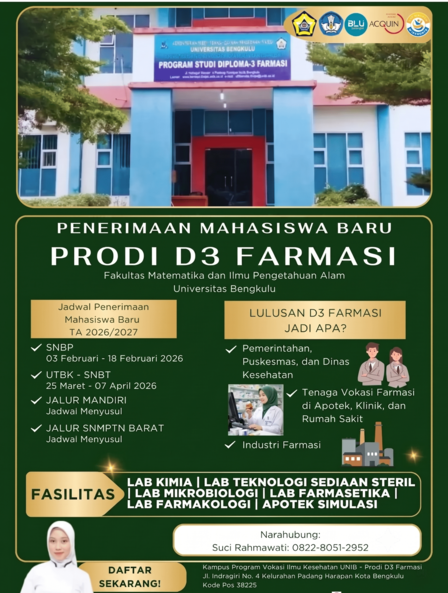 Penerimaan Mahasiswa Baru Prodi D3 Farmasi FMIPA Universitas Bengkulu TA 2026/2027 Penerimaan Mahasiswa Baru Prodi D3 Farmasi FMIPA Universitas Bengkulu TA 2026/2027