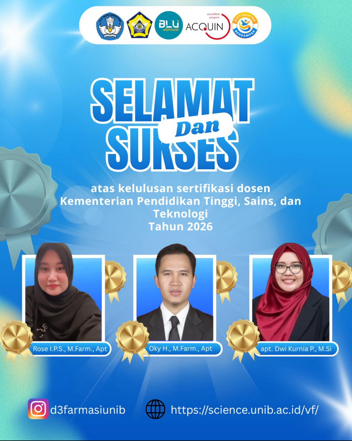 Tiga Dosen Prodi D3 Farmasi Universitas Bengkulu lulus Sertifikasi Dosen Kemdiktisaintek Tahun 2026
