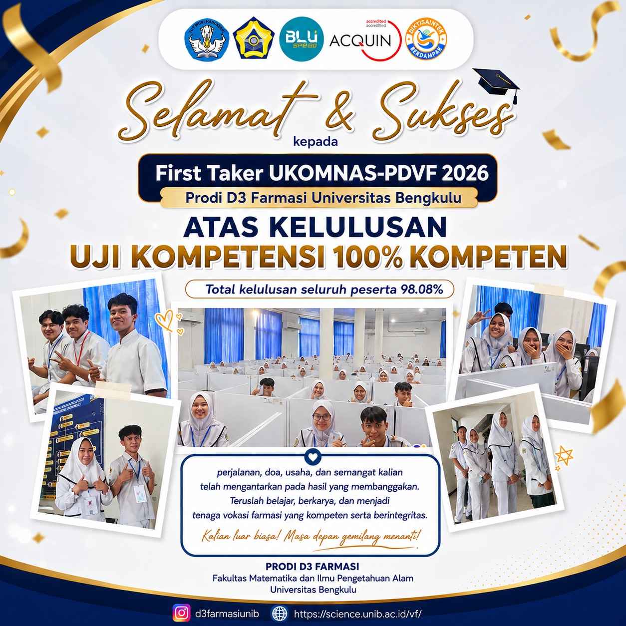 Membanggakan! Mahasiswa Angkatan 2023 D3 Farmasi Universitas Bengkulu Raih 100% Kompeten UKOMNAS-PDVF 2026
