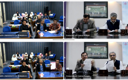 The signing of a collaboration between the Faculty of Mathematics and Natural Sciences, Bengkulu University, and the Faculty of Science and Technology University of Central Punjab Pakistan.