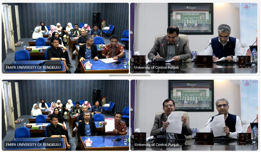The signing of a collaboration between the Faculty of Mathematics and Natural Sciences, Bengkulu University, and the Faculty of Science and Technology University of Central Punjab Pakistan. The signing of a collaboration between the Faculty of Mathematics and Natural Sciences, Bengkulu University, and the Faculty of Science and Technology University of Central Punjab Pakistan.