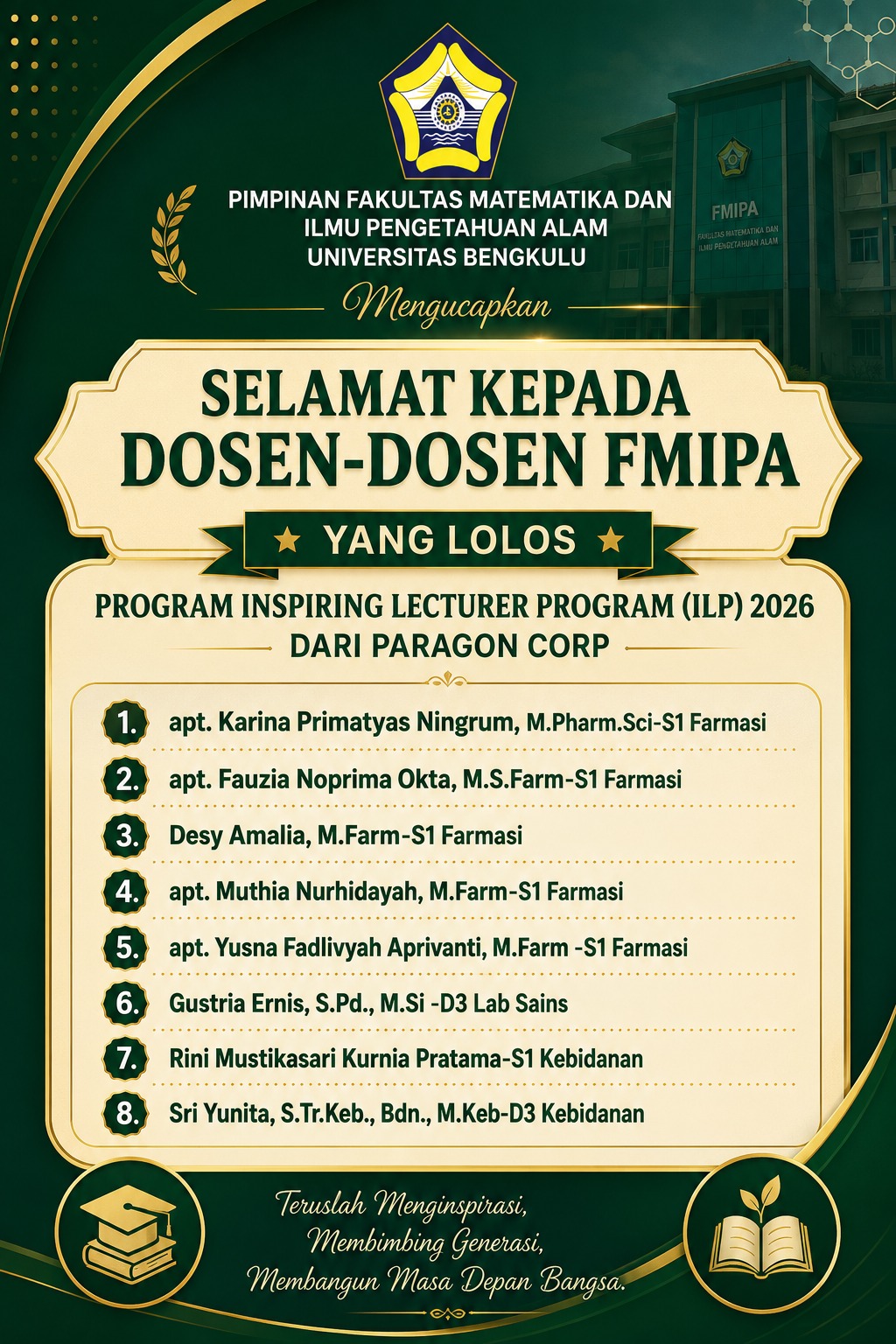 Bangga! 8 Dosen FMIPA Universitas Bengkulu Lolos “Inspiring Lecturer Program (ILP) 2026” dari Paragon Corp Bangga! 8 Dosen FMIPA Universitas Bengkulu Lolos “Inspiring Lecturer Program (ILP) 2026” dari Paragon Corp