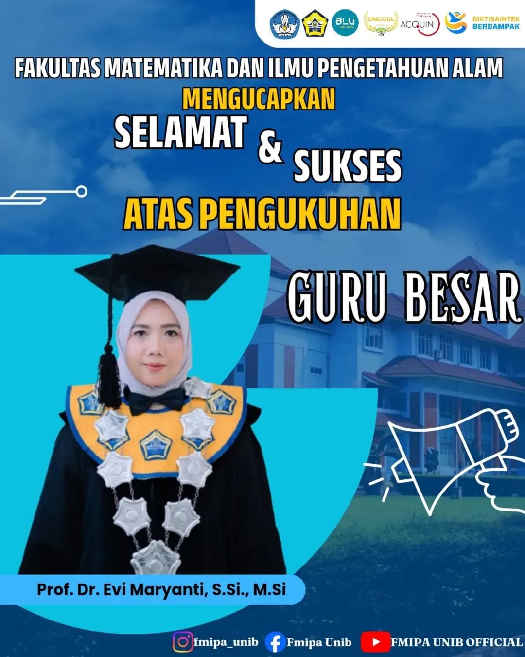 FMIPA Universitas Bengkulu Ucapkan Selamat atas Pengukuhan Prof. Dr. Evi Maryanti, S.Si., M.Si. sebagai Guru Besar Bidang Ilmu Kimia Anorganik FMIPA Universitas Bengkulu Ucapkan Selamat atas Pengukuhan Prof. Dr. Evi Maryanti, S.Si., M.Si. sebagai Guru Besar Bidang Ilmu Kimia Anorganik